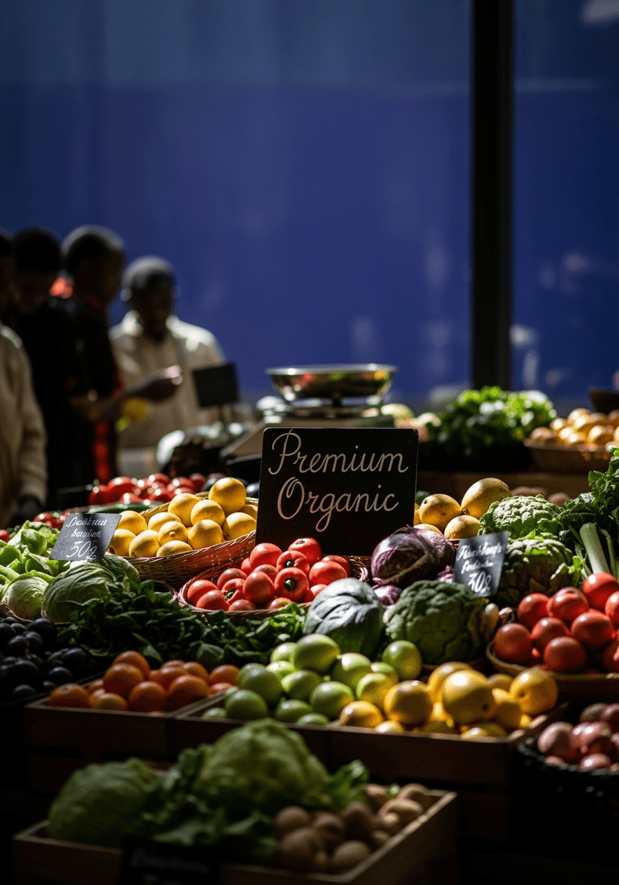 Fresh produce like corn, tomatoes, and greens paired with farm tools under warm sunlight.