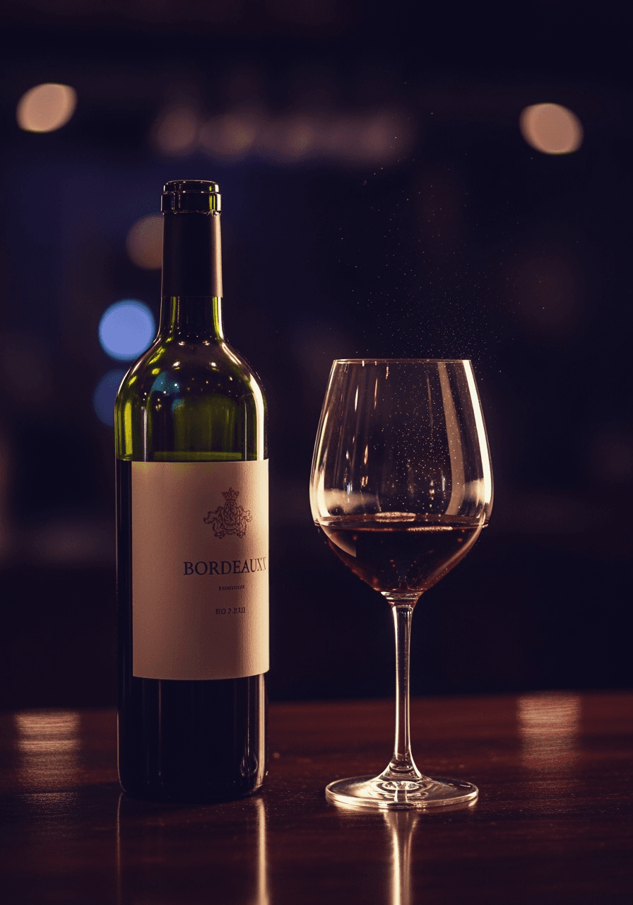 Elegant arrangement of wine bottle, whiskey glass, and beer bottles under warm bar lighting.