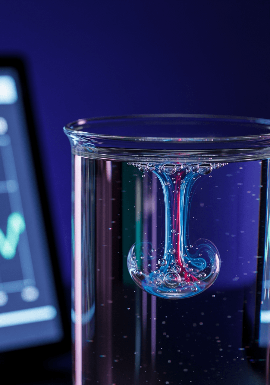 Laboratory bench with industrial chemical containers, beakers, and safety gloves on white.