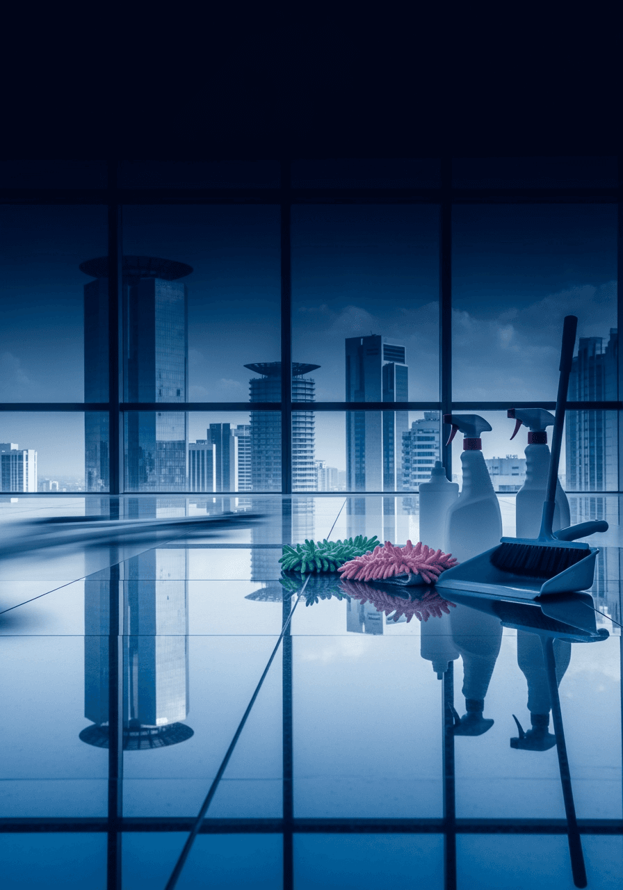 Bright display of detergents, spray bottles, mop, and gloves against a white surface.