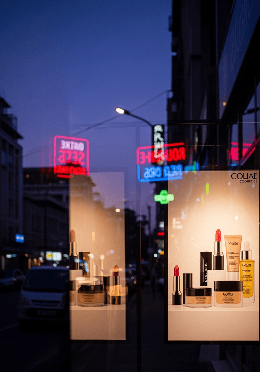 Pastel-toned arrangement of lipstick, perfume bottle, and lotion tube with soft gradients.