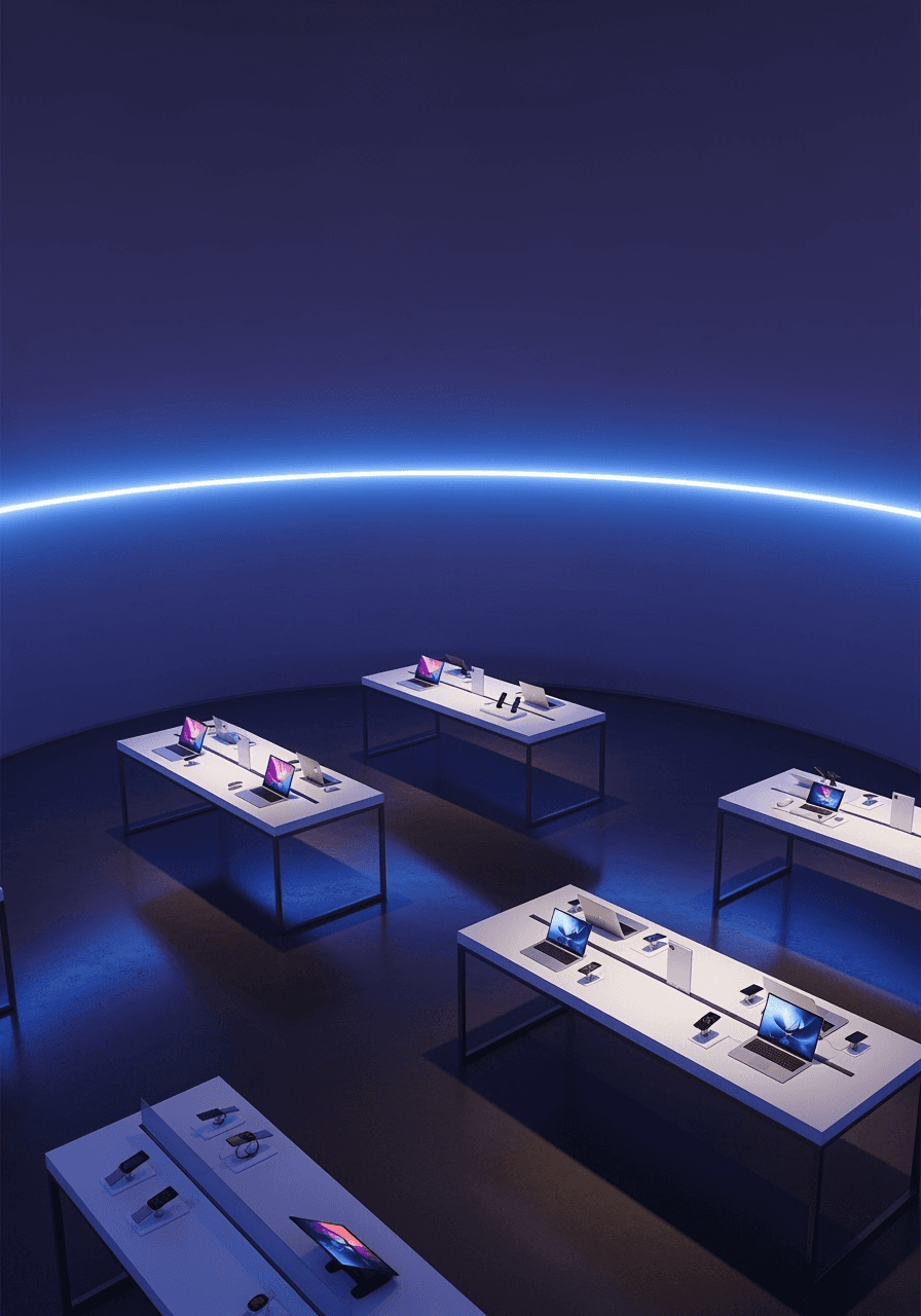 Sleek layout of smartphone, laptop, and headphones with silver and blue reflections.