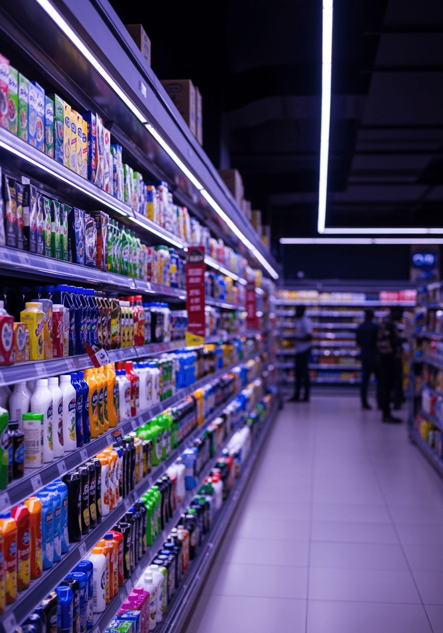 Fast-moving consumer goods like soap, snacks, water, and detergent displayed under bright light.