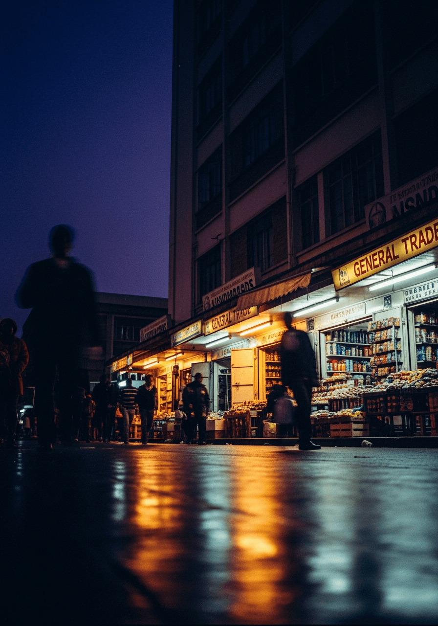 Flat illustration of a bustling wholesale market with boxes, sacks, and pallets on a clean white backdrop.