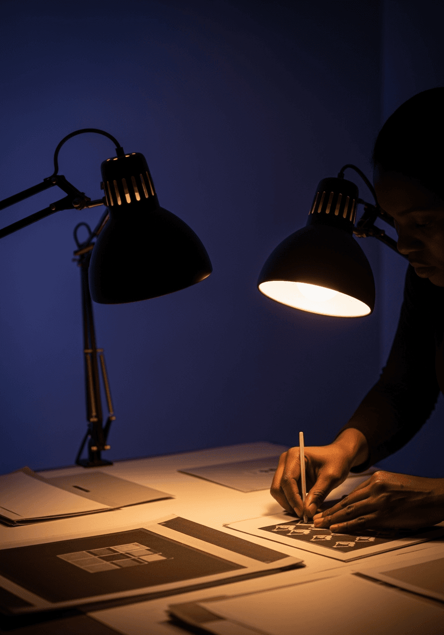 Stacked cardboard boxes, plastic wrap, and packaging rolls in a tidy studio arrangement.