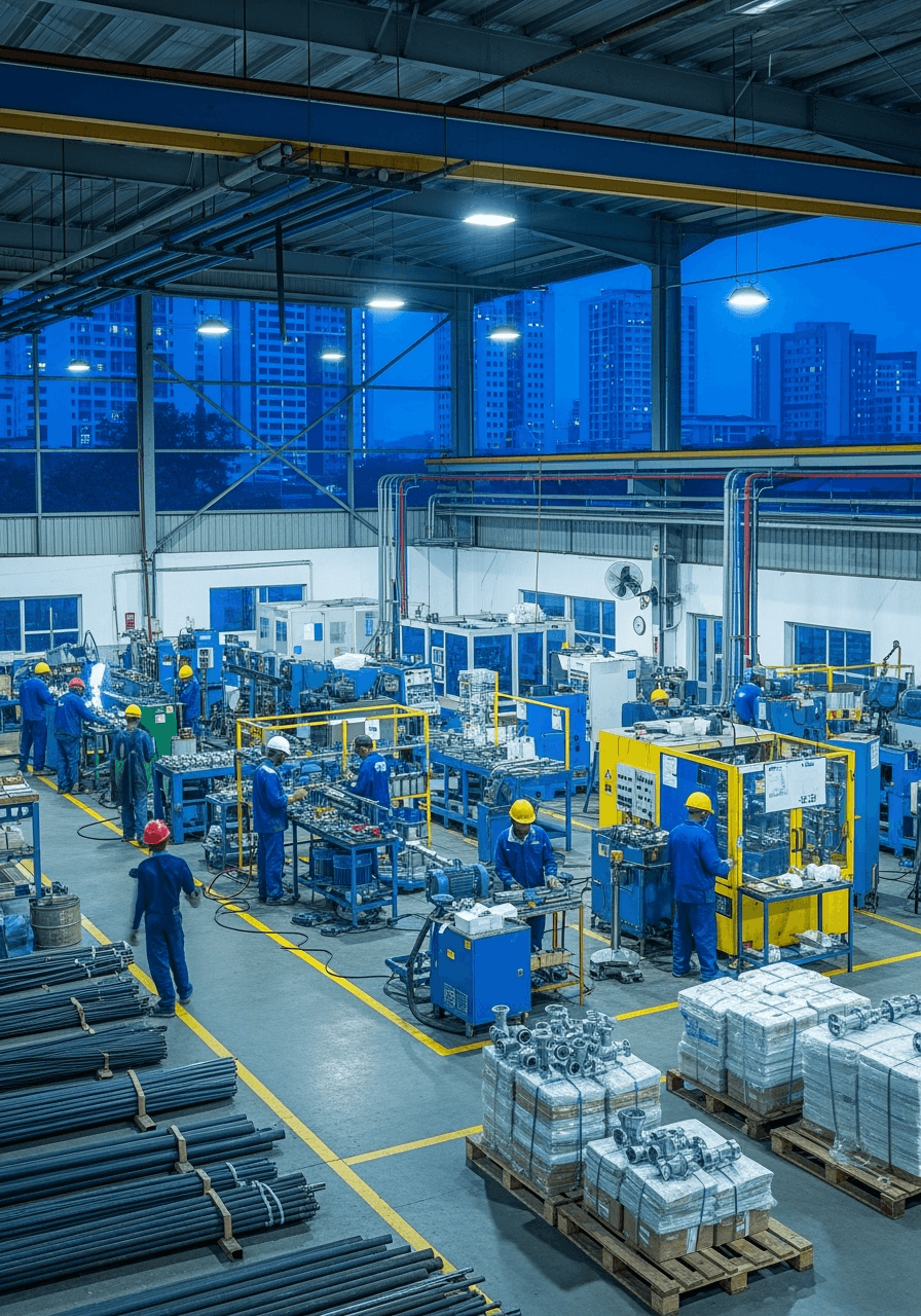 Polished tap, wrench, pipes, and fittings arranged neatly on a white background.