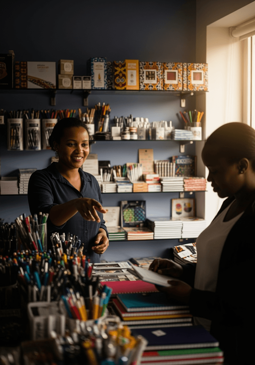 Organized pens, notebooks, stapler, and paperclips spread across a white desk.